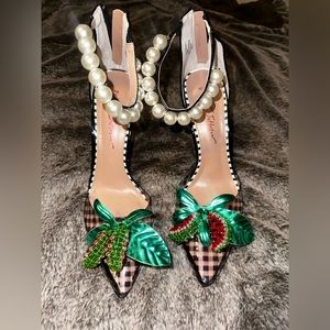 Betsey Johnson Vivviann Gingham Watermelon Pearl Ankle Strap Pumps